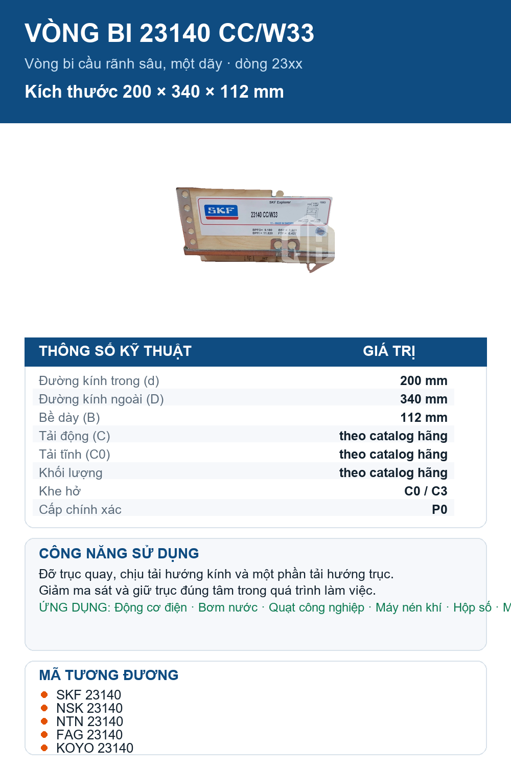 Vòng bi SKF 23140 CC/W33 200x340x112mm — Ảnh thông số (Pinterest)