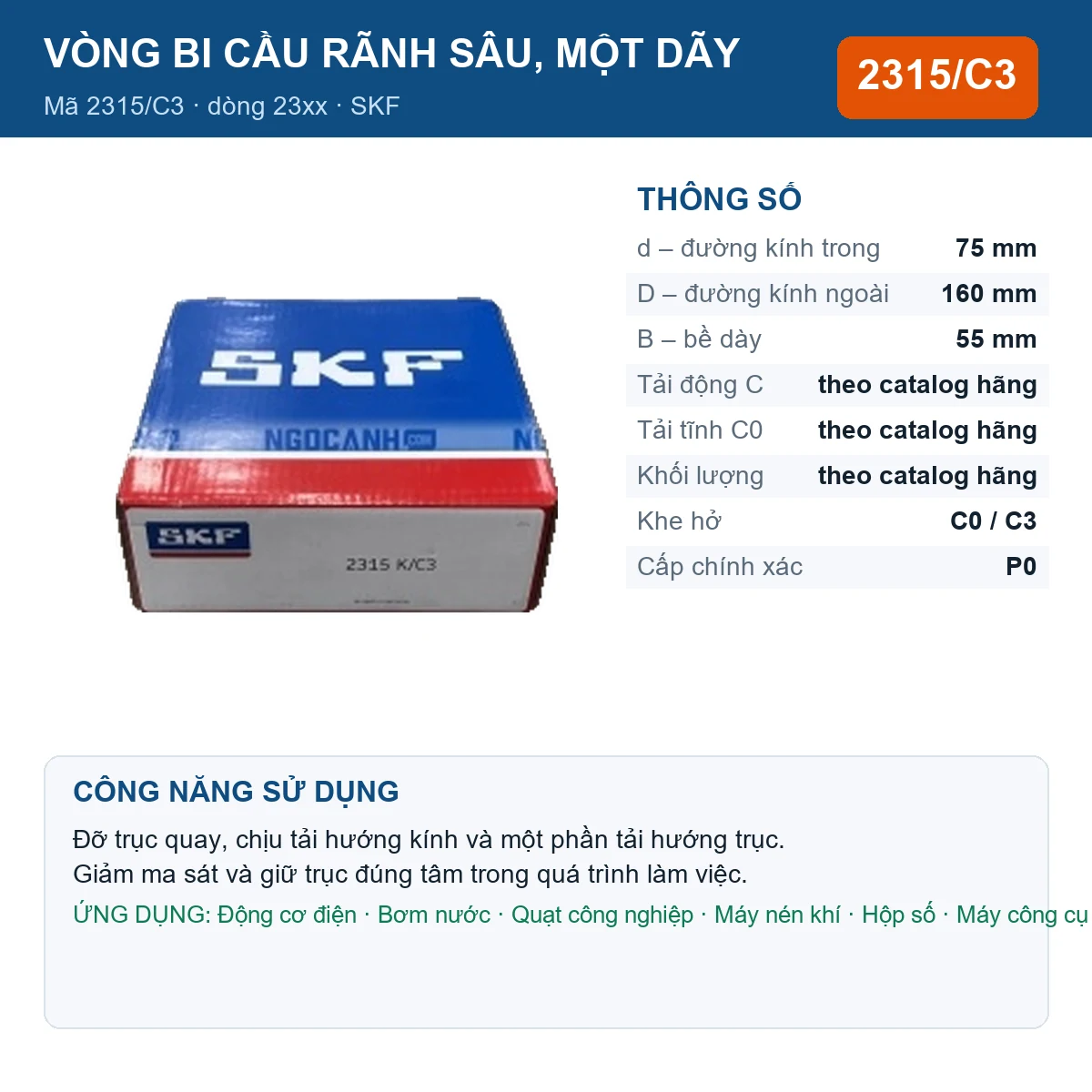 Vòng bi SKF 2315/C3 — kích thước 75x160x55mm