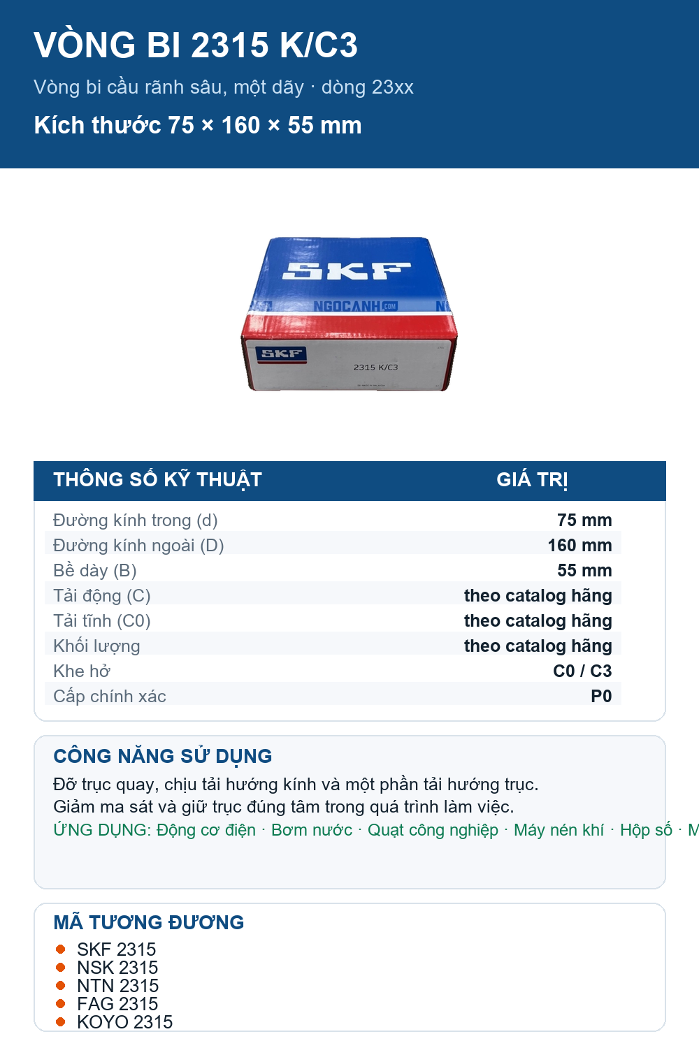 Vòng bi SKF 2315 K/C3 75x160x55mm — Ảnh thông số (Pinterest)