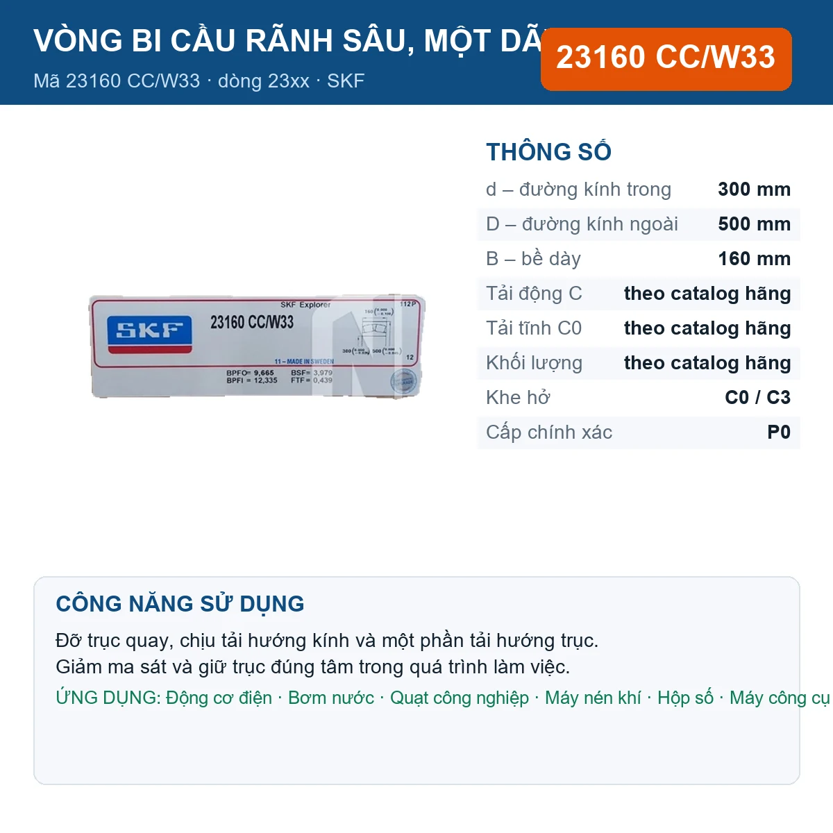 Vòng bi SKF 23160 CC/W33 — kích thước 300x500x160mm