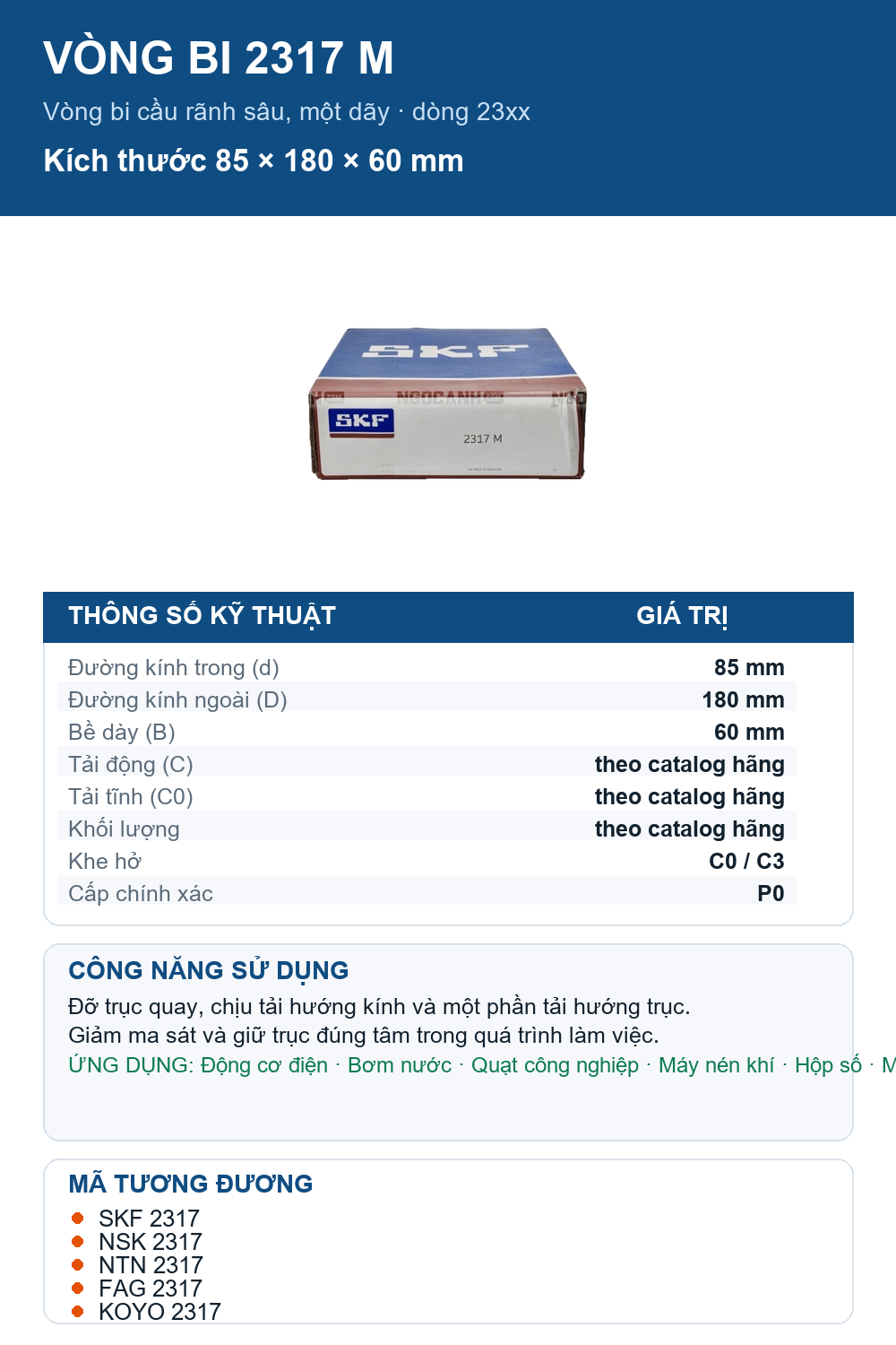 Vòng bi SKF 2317 M 85x180x60mm — Ảnh thông số (Pinterest)