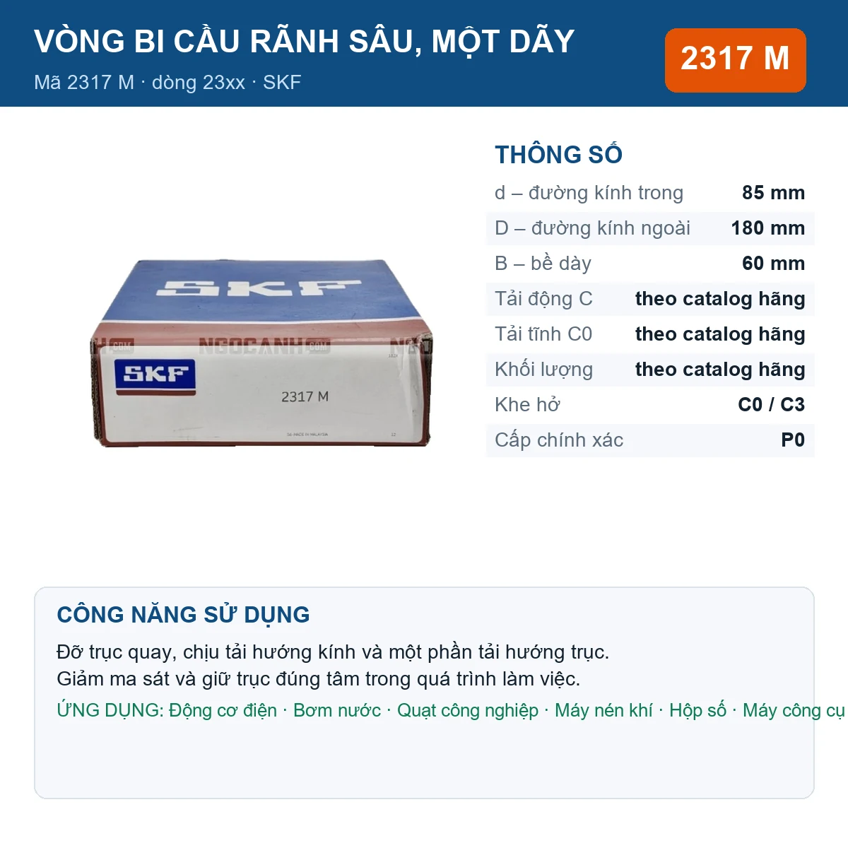 Vòng bi SKF 2317 M — kích thước 85x180x60mm