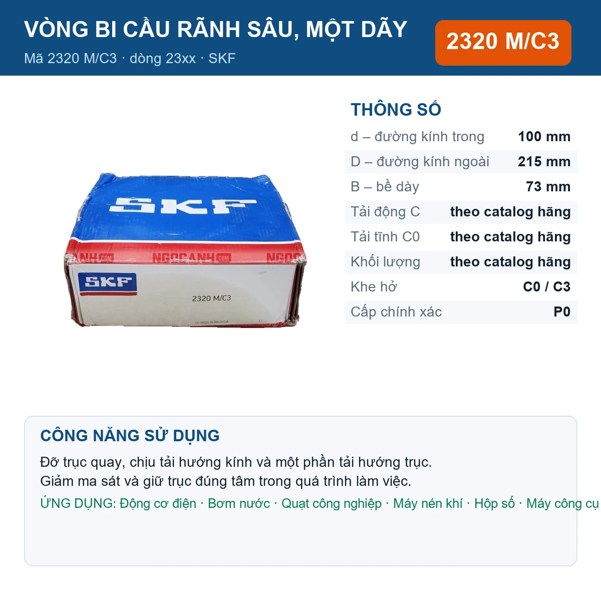 Vòng bi SKF 2320 M/C3 — kích thước 100x215x73mm