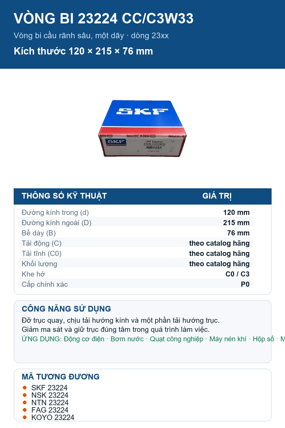 Vòng bi SKF 23224 CC/C3W33 120x215x76mm — Ảnh thông số (Pinterest)