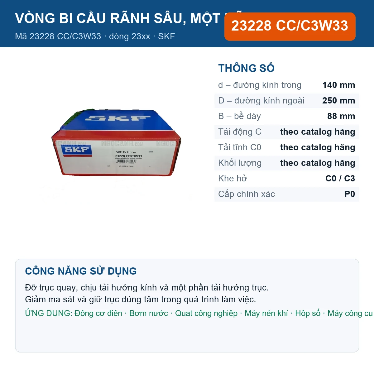 Vòng bi SKF 23228 CC/C3W33 — kích thước 140x250x88mm