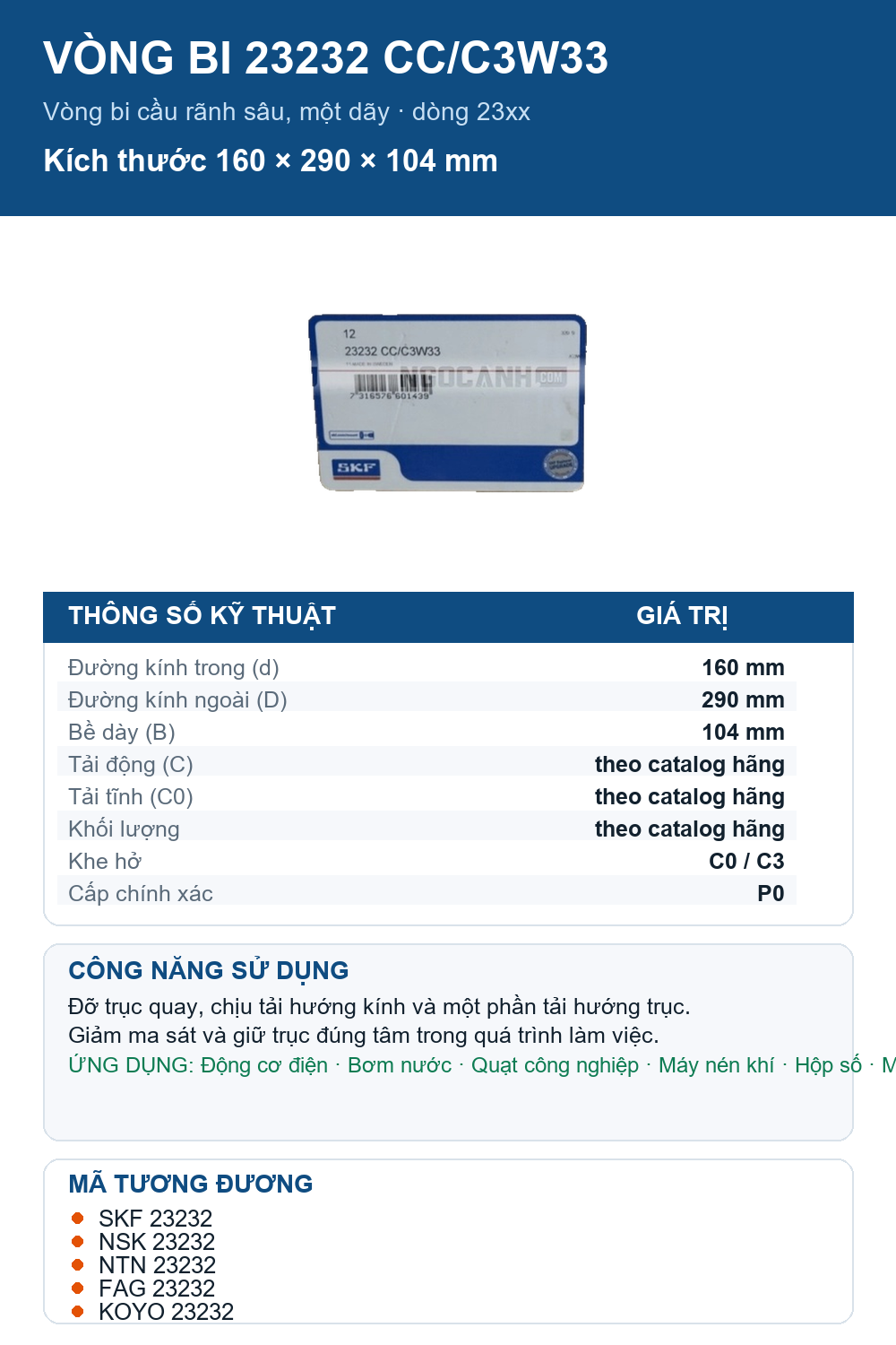 Vòng bi SKF 23232 CC/C3W33 160x290x104mm — Ảnh thông số (Pinterest)