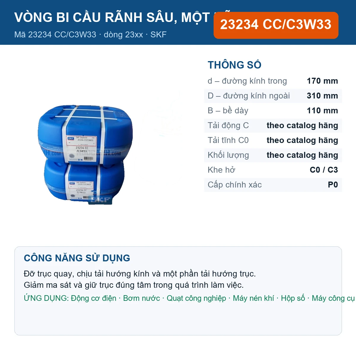 Vòng bi SKF 23234 CC/C3W33 — kích thước 170x310x110mm