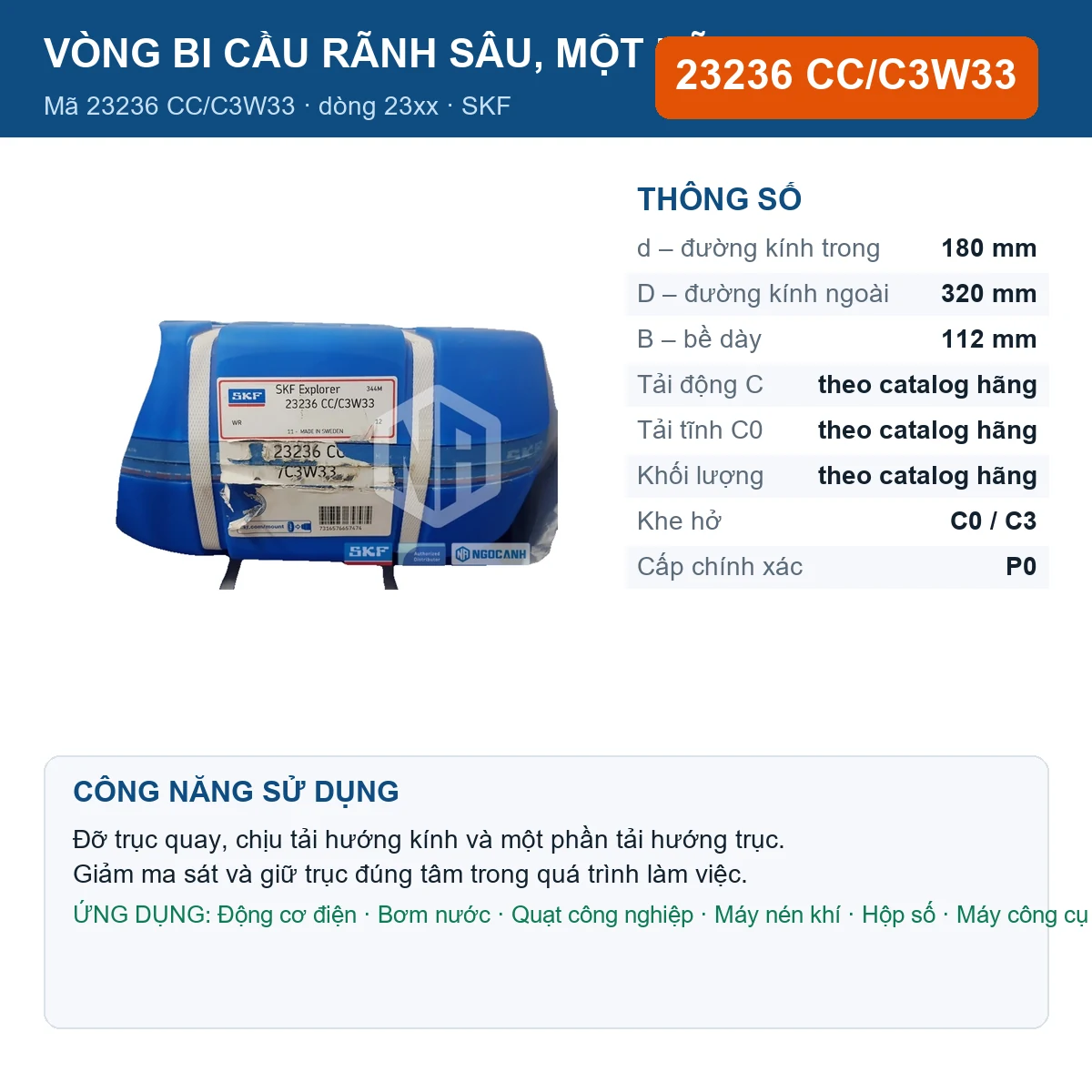 Vòng bi SKF 23236 CC/C3W33 — kích thước 180x320x112mm