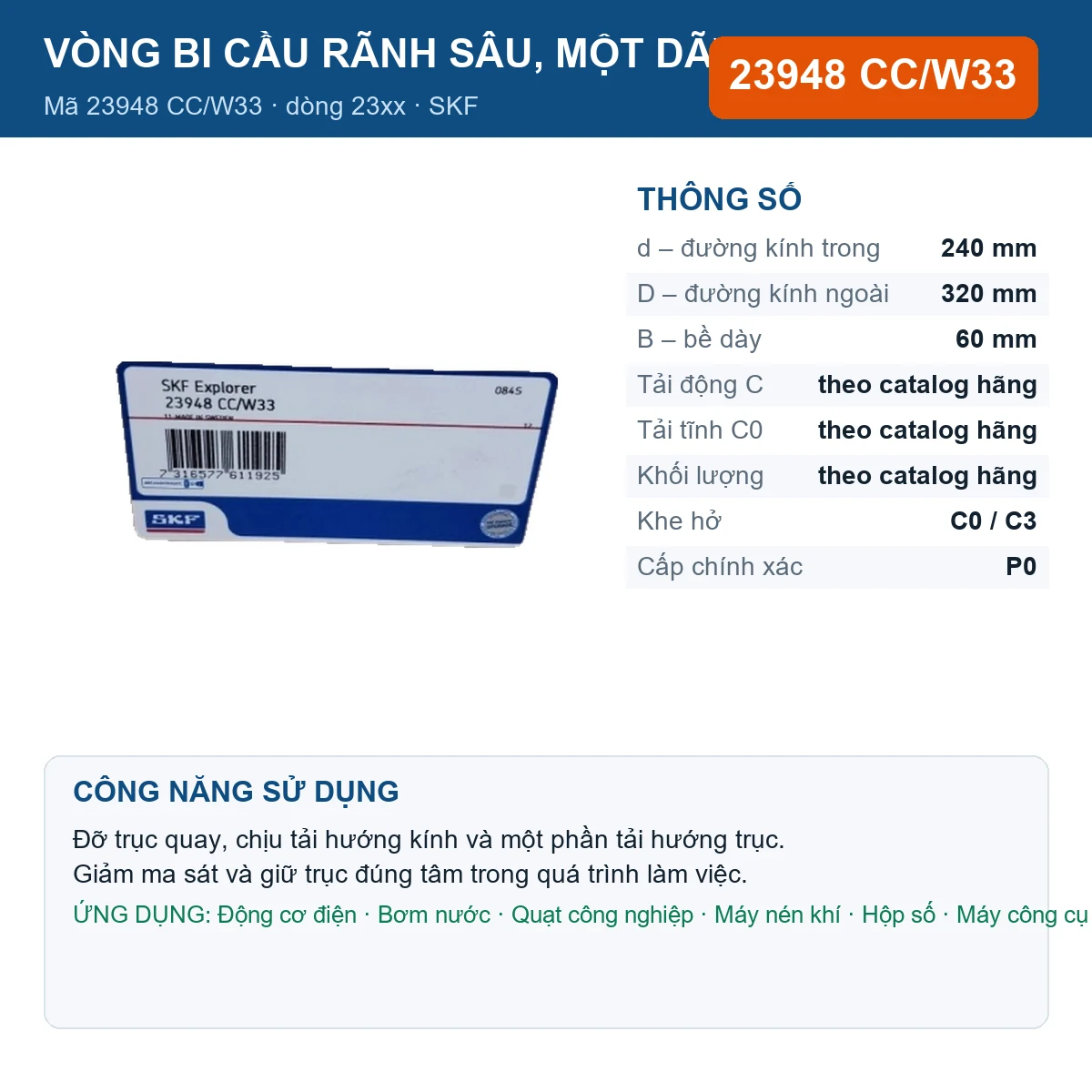Vòng bi SKF 23948 CC/W33 240x320x60mm — Ảnh đăng sản phẩm (web)