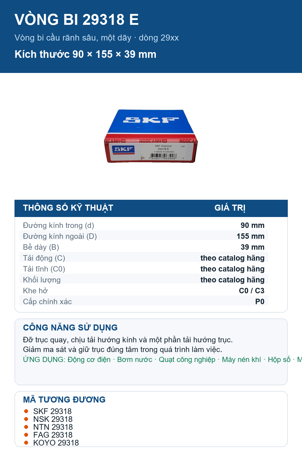 Vòng bi SKF 29318 E 90x155x39mm — Ảnh thông số (Pinterest)