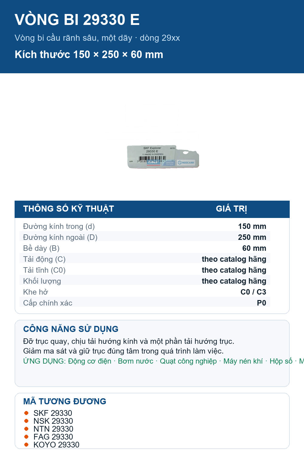 Vòng bi SKF 29330 E 150x250x60mm — Ảnh thông số (Pinterest)