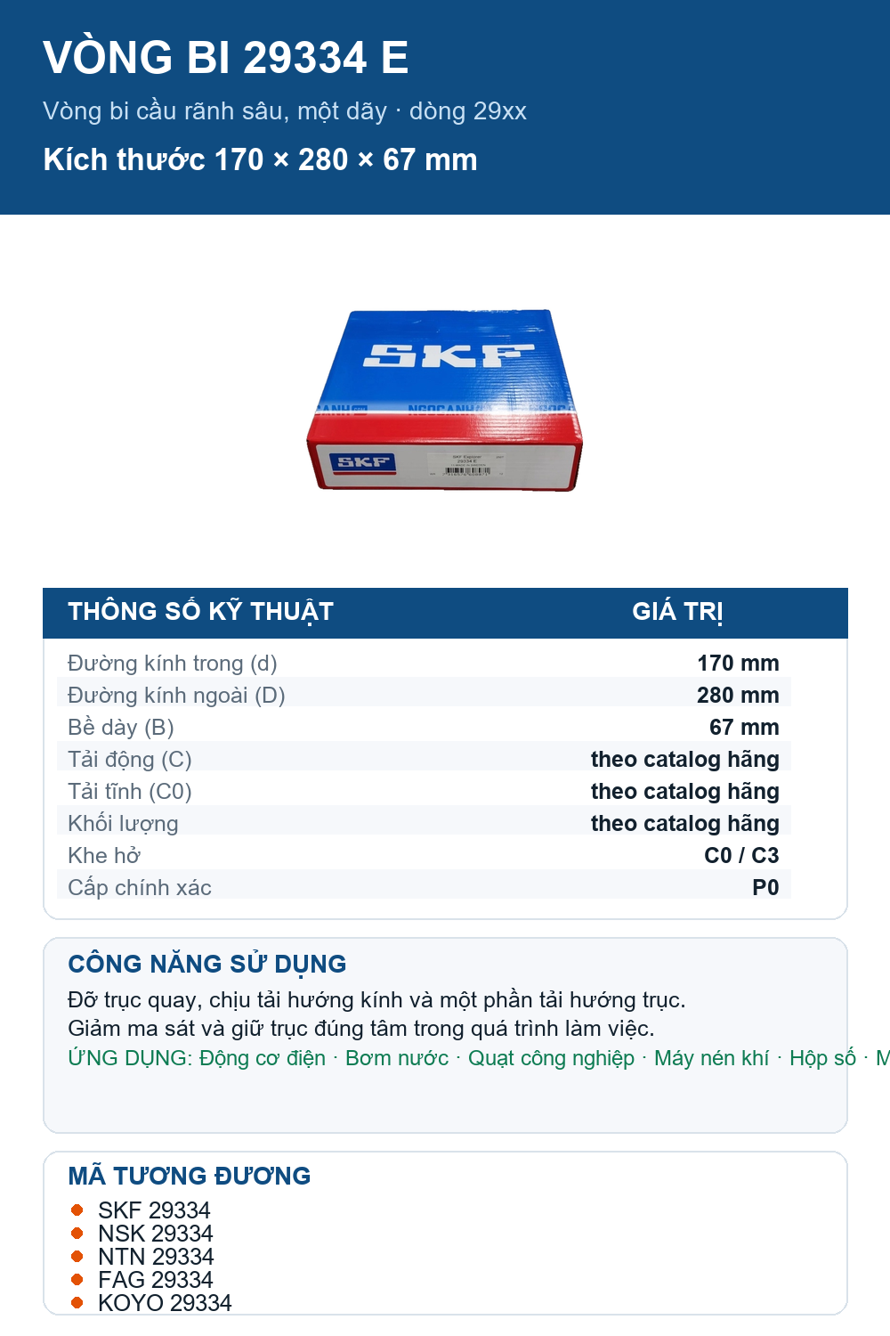 Vòng bi SKF 29334 E 170x280x67mm — Ảnh thông số (Pinterest)