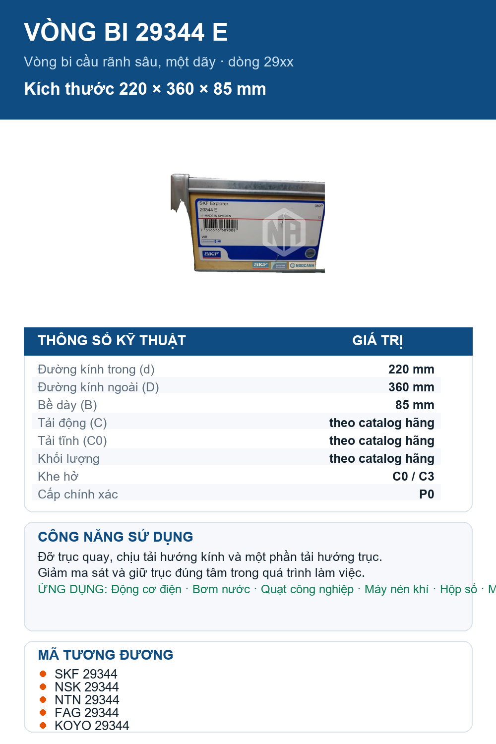 Vòng bi SKF 29344 E 220x360x85mm — Ảnh thông số (Pinterest)