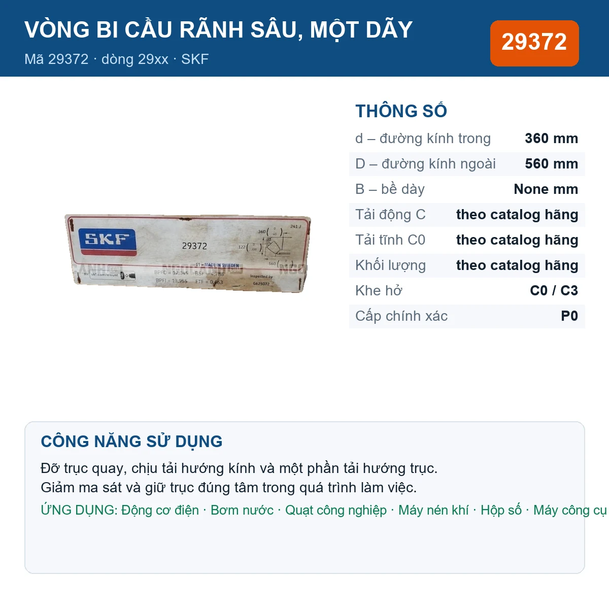 Vòng bi SKF 29372 — kích thước 360x560mm