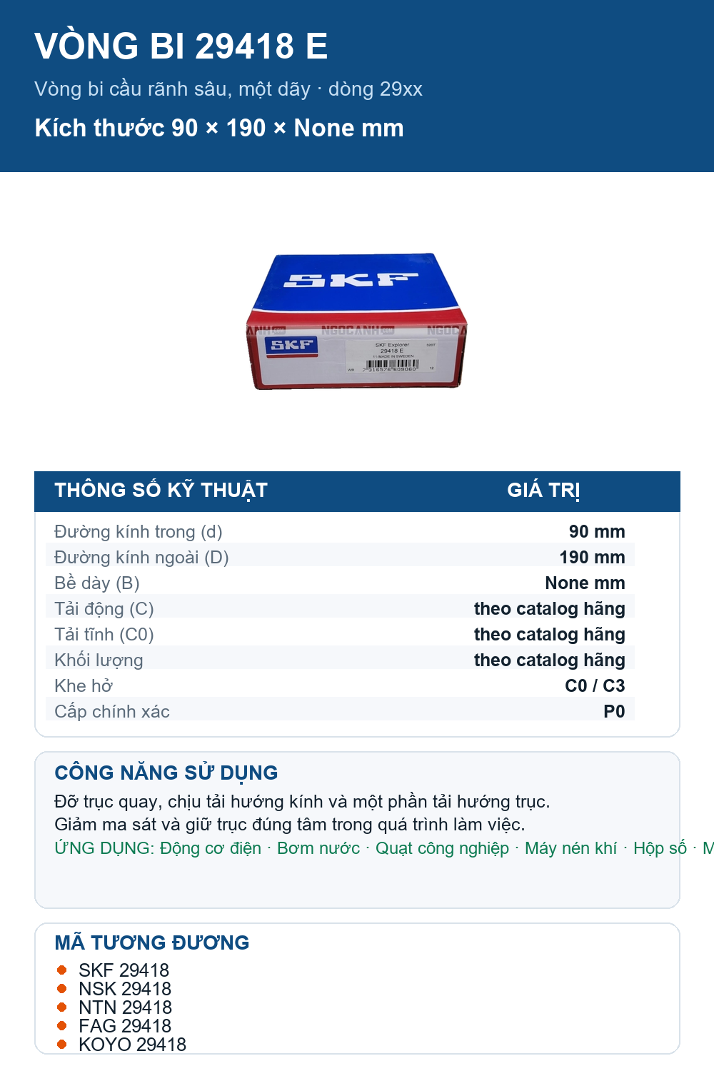 Vòng bi SKF 29418 E 90x190mm — Ảnh thông số (Pinterest)