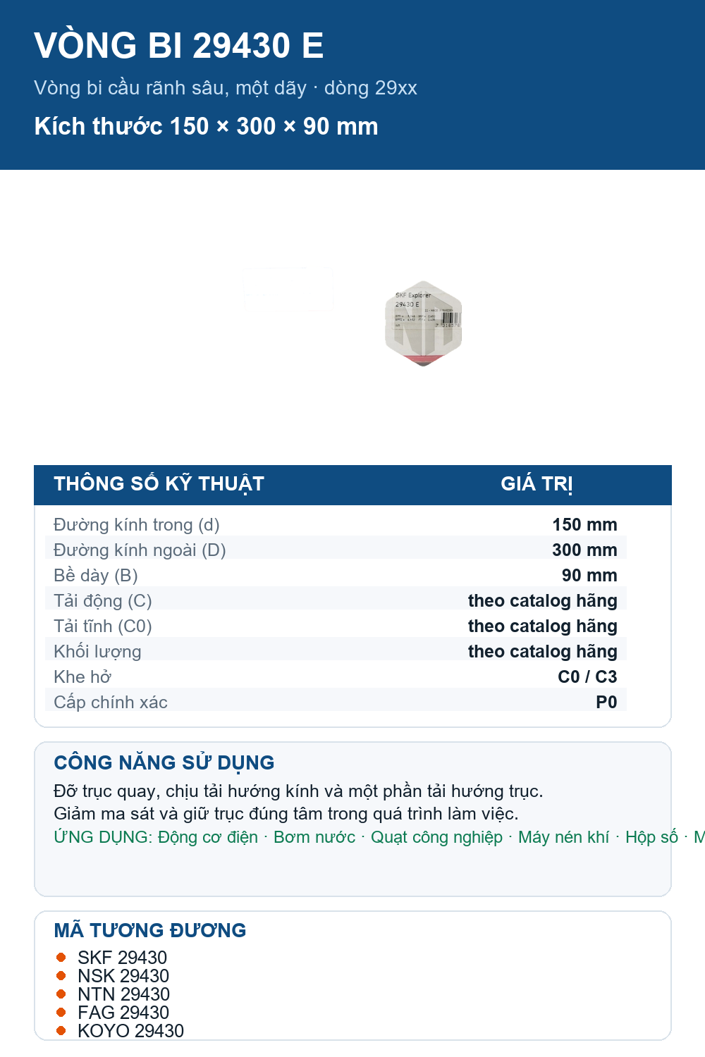 Vòng bi SKF 29430 E 150x300x90mm — Ảnh thông số (Pinterest)