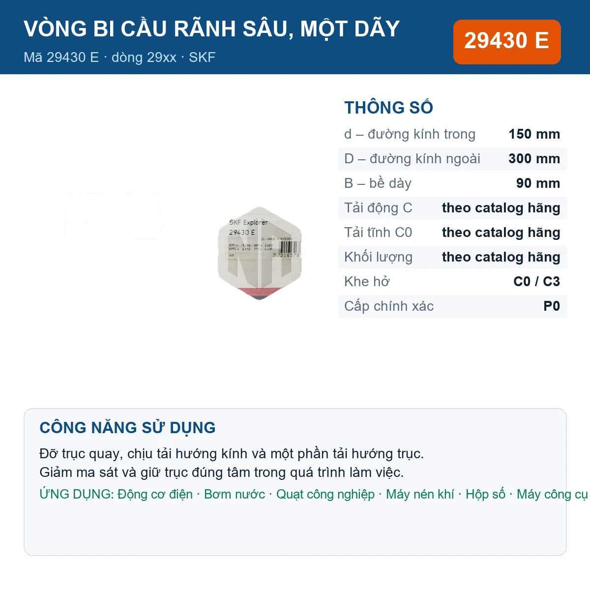 Vòng bi SKF 29430 E — kích thước 150x300x90mm