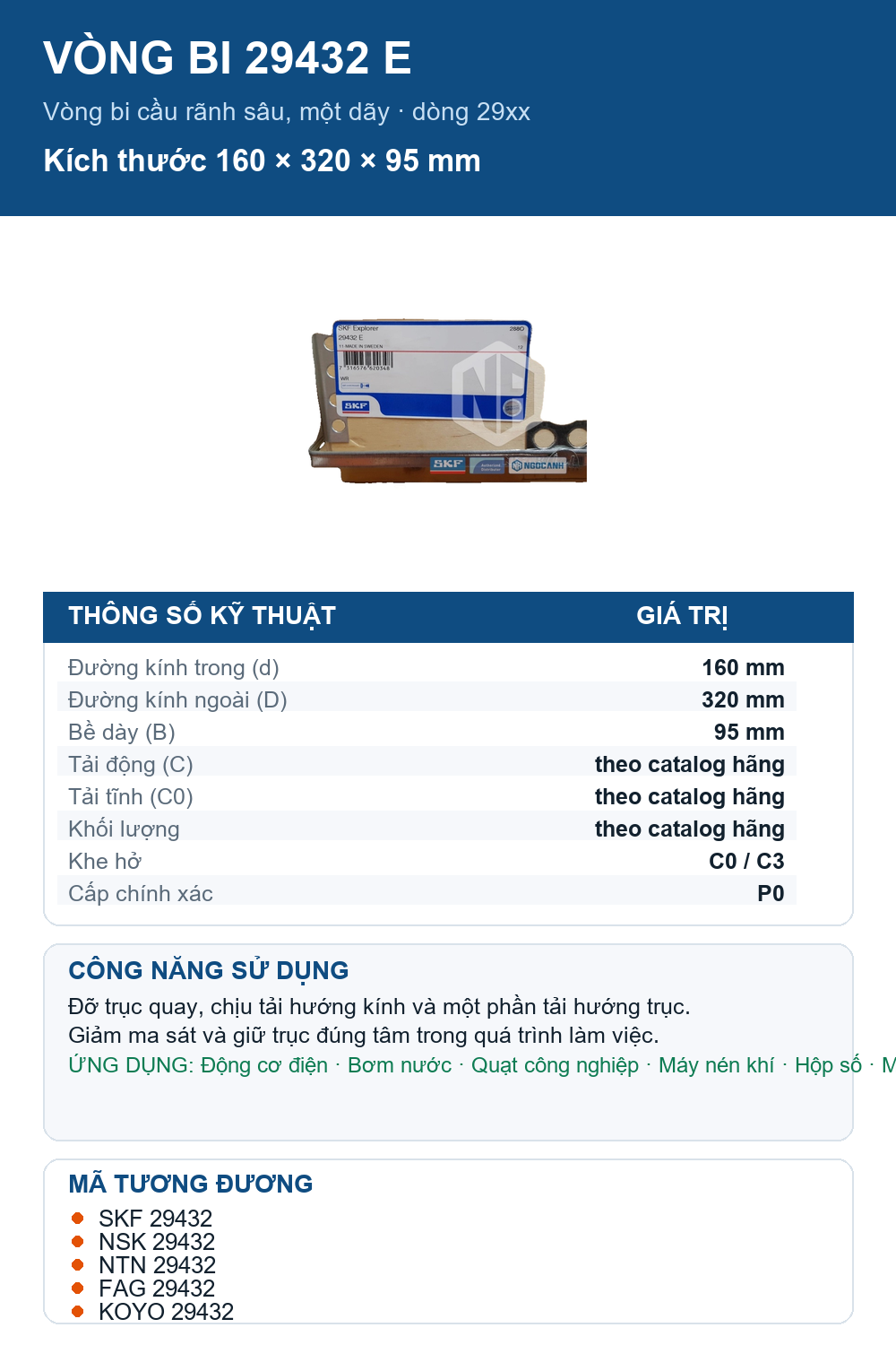 Vòng bi SKF 29432 E 160x320x95mm — Ảnh thông số (Pinterest)