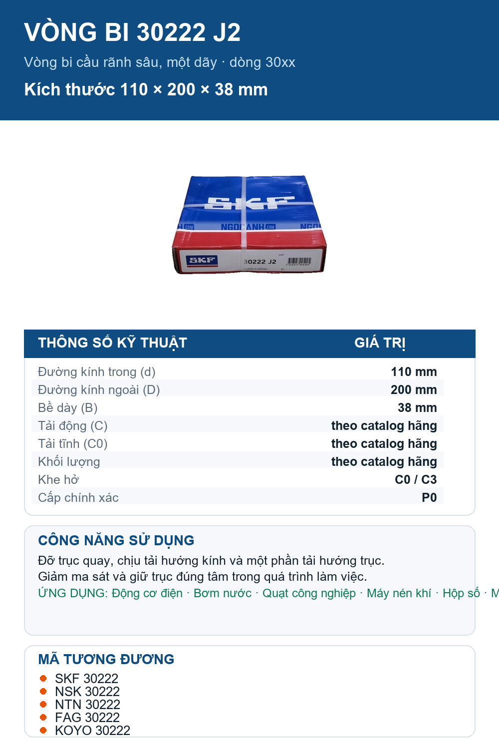 Vòng bi SKF 30222 J2 110x200x38mm — Ảnh thông số (Pinterest)