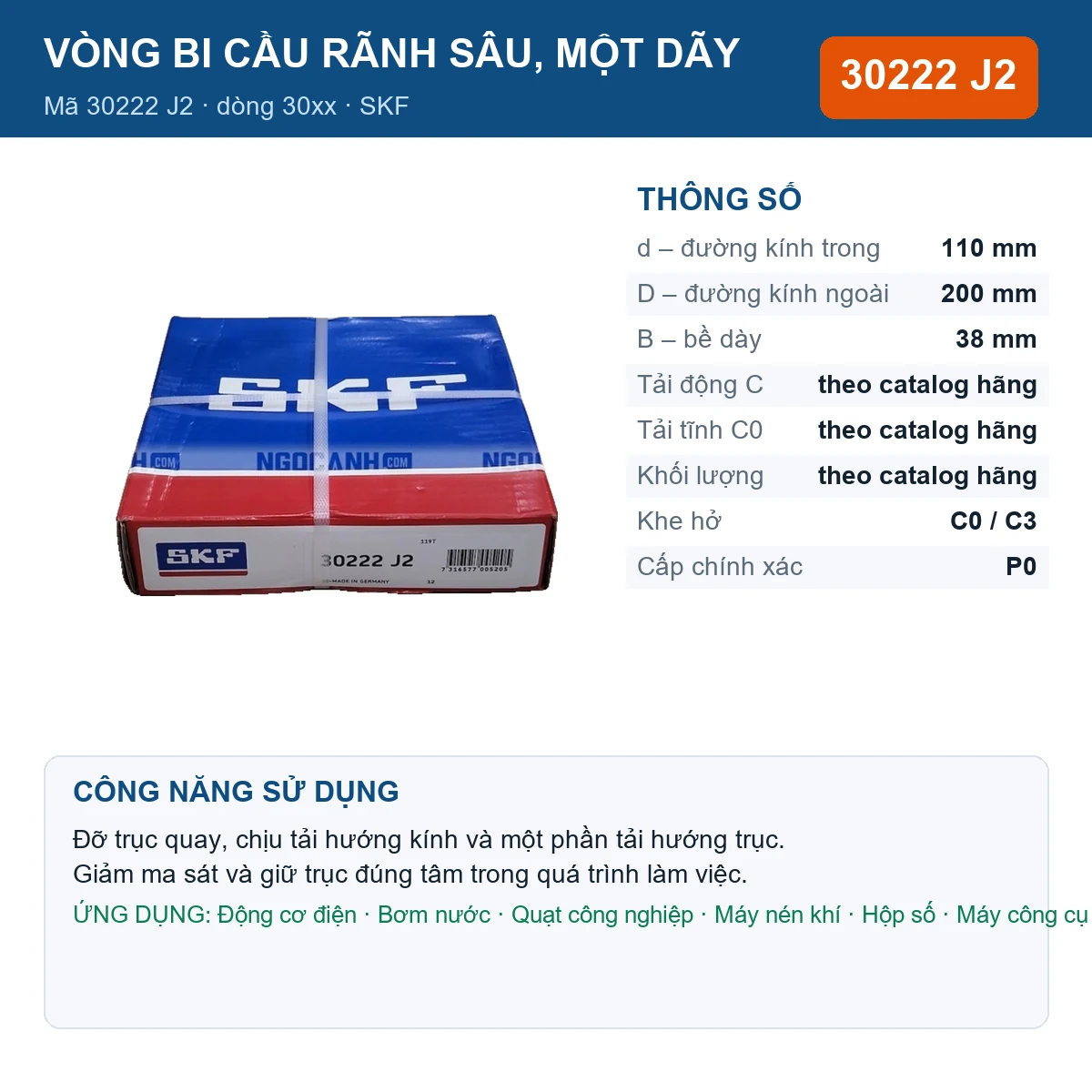 Vòng bi SKF 30222 J2 — kích thước 110x200x38mm