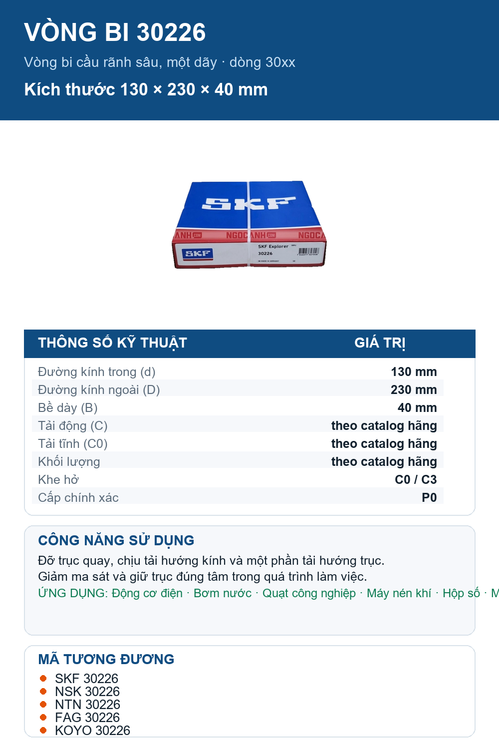Vòng bi SKF 30226 130x230x40mm — Ảnh thông số (Pinterest)