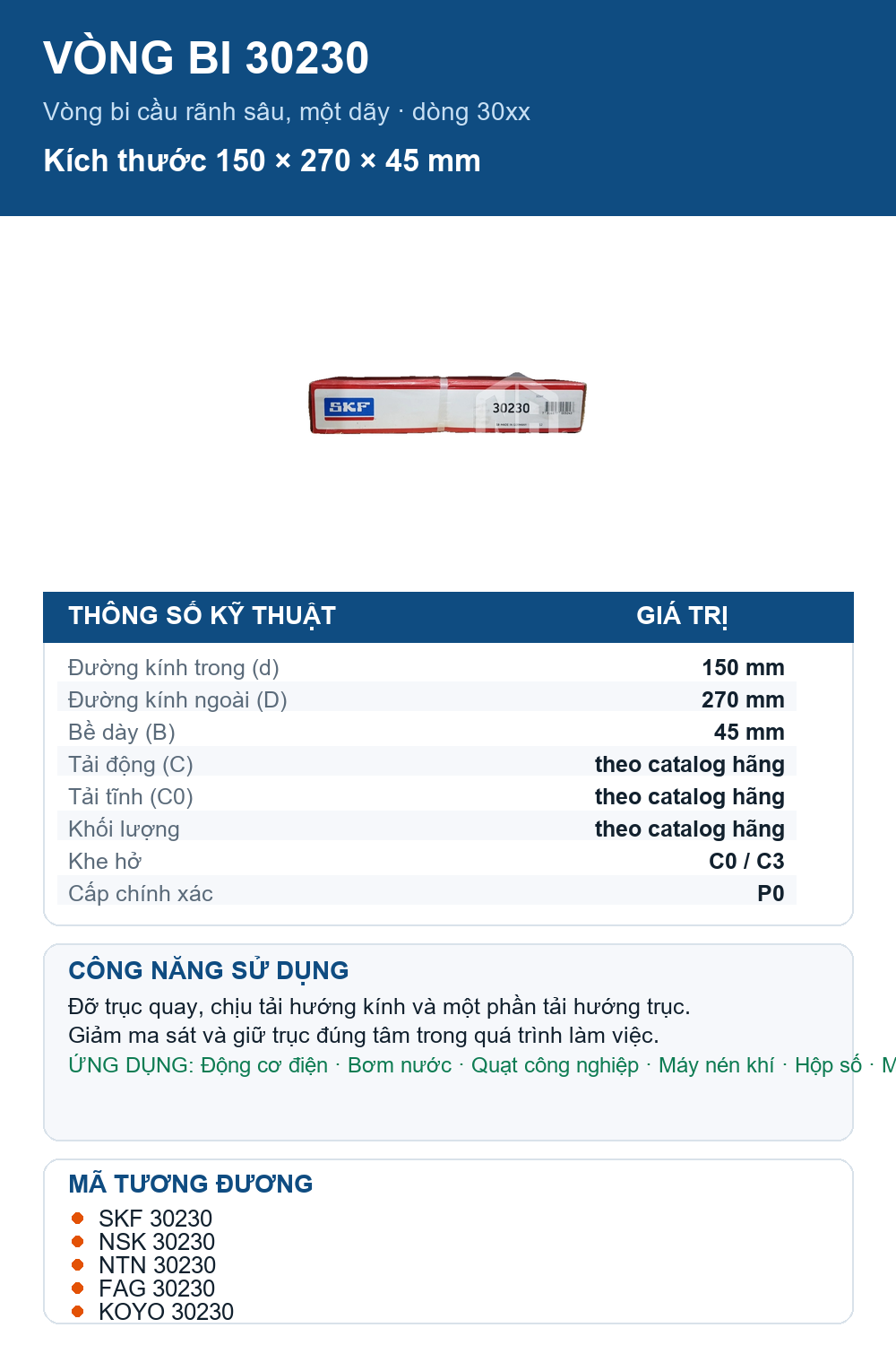 Vòng bi SKF 30230 150x270x45mm — Ảnh thông số (Pinterest)