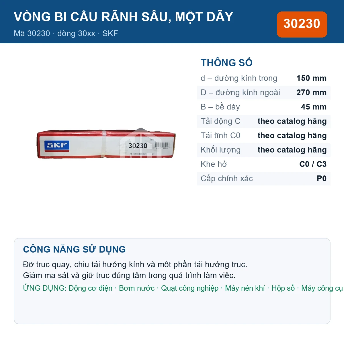 Vòng bi SKF 30230 — kích thước 150x270x45mm