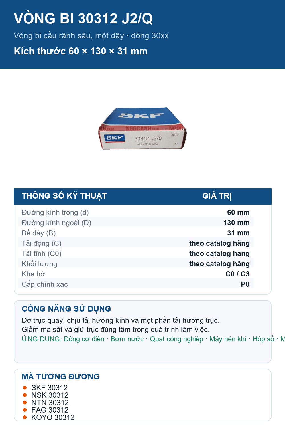Vòng bi SKF 30312 J2/Q 60x130x31mm — Ảnh thông số (Pinterest)