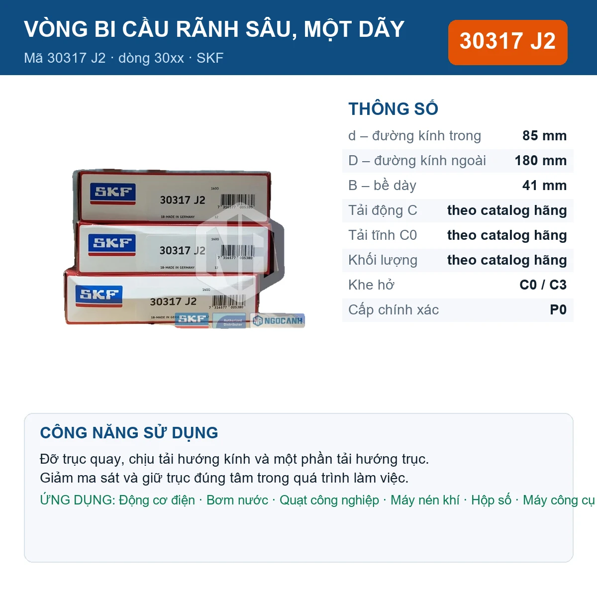 Vòng bi SKF 30317 J2 — kích thước 85x180x41mm