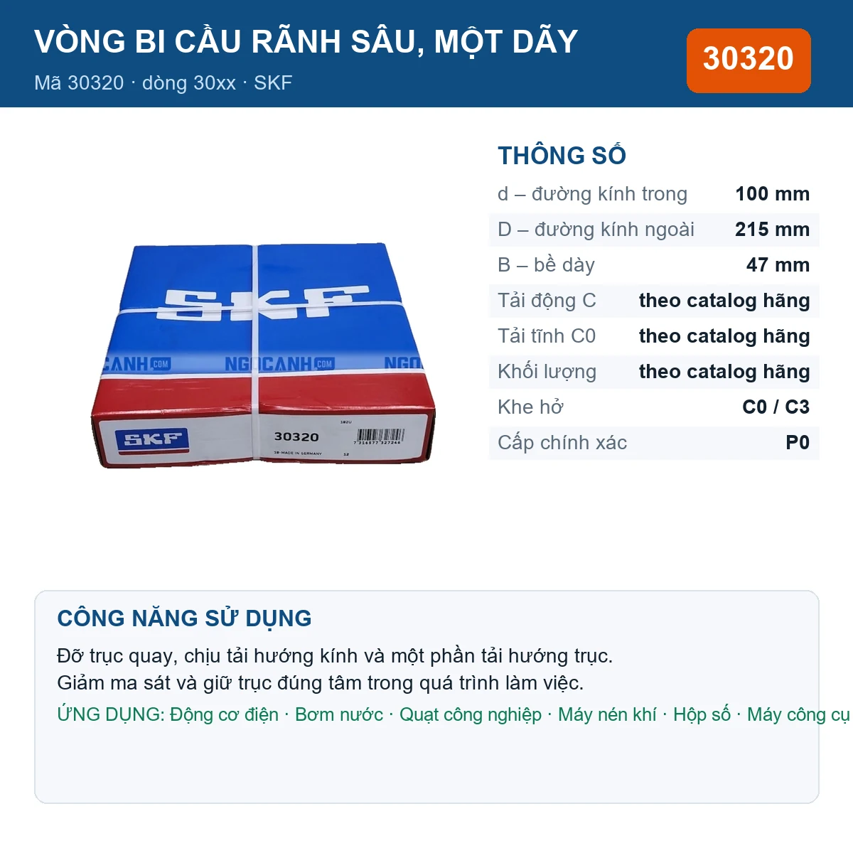 Vòng bi SKF 30320 — kích thước 100x215x47mm
