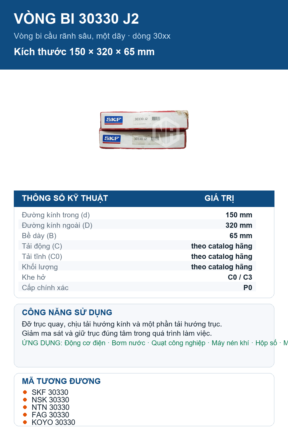 Vòng bi SKF 30330 J2 150x320x65mm — Ảnh thông số (Pinterest)