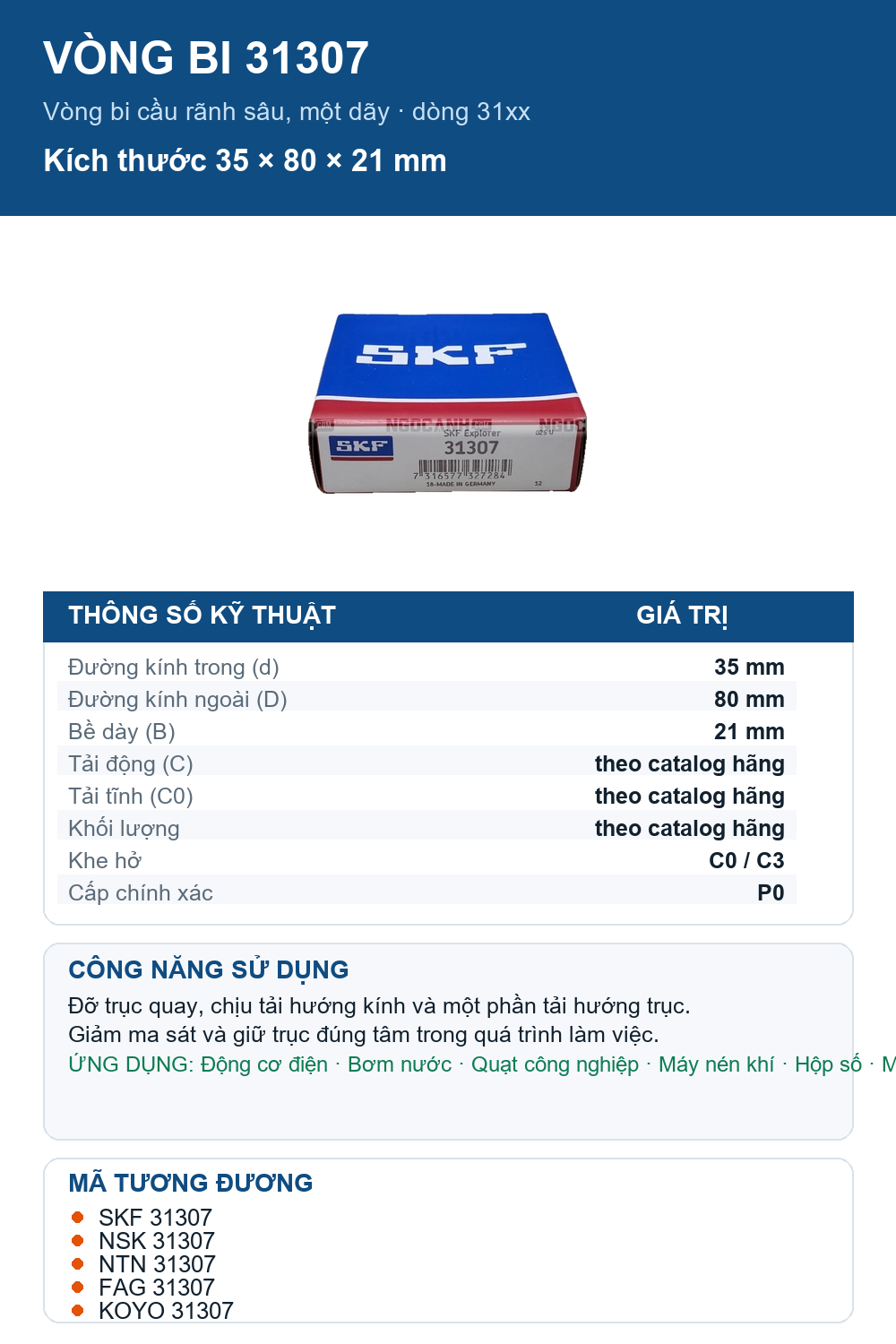 Vòng bi SKF 31307 35x80x21mm — Ảnh thông số (Pinterest)
