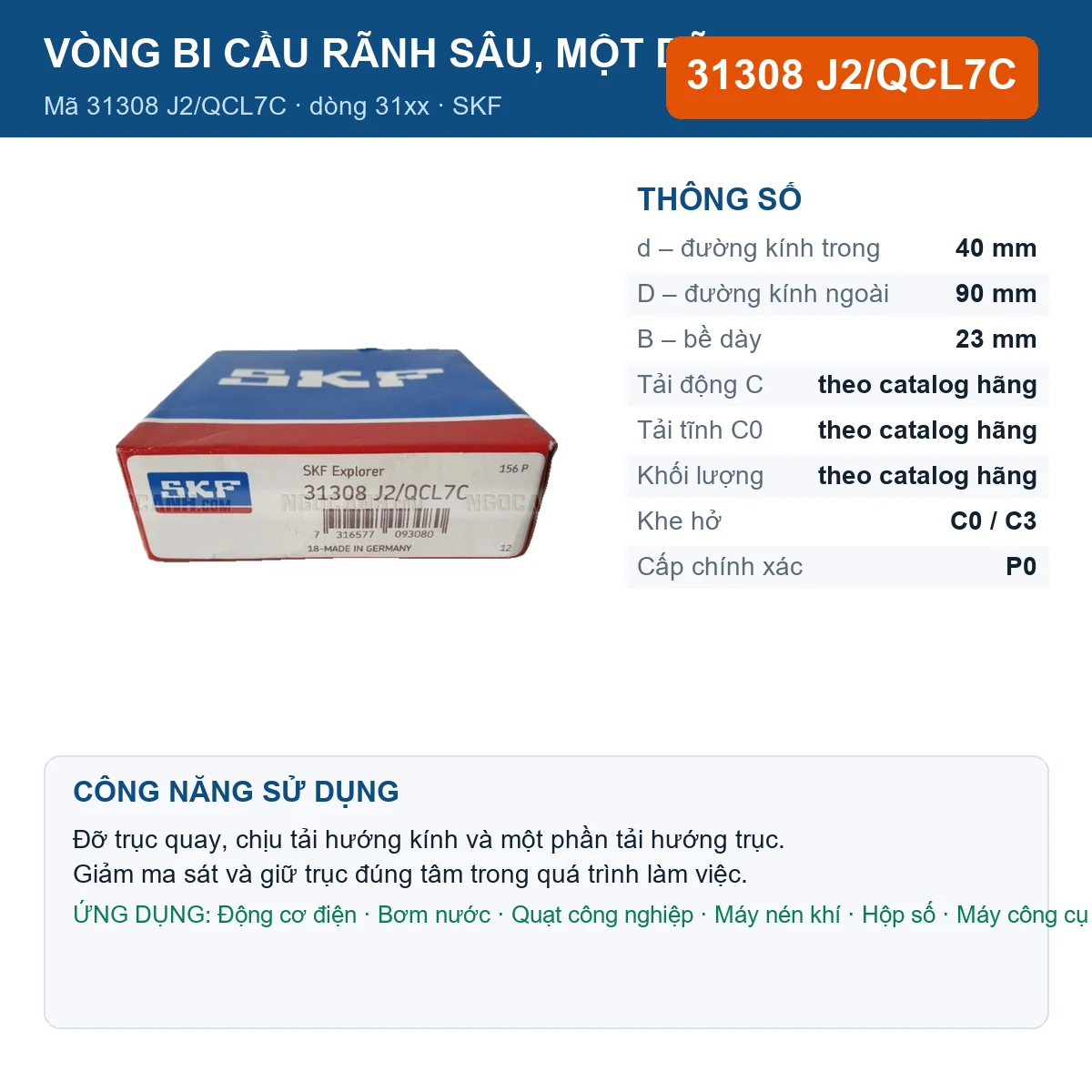 Vòng bi SKF 31308 J2/QCL7C — kích thước 40x90x23mm