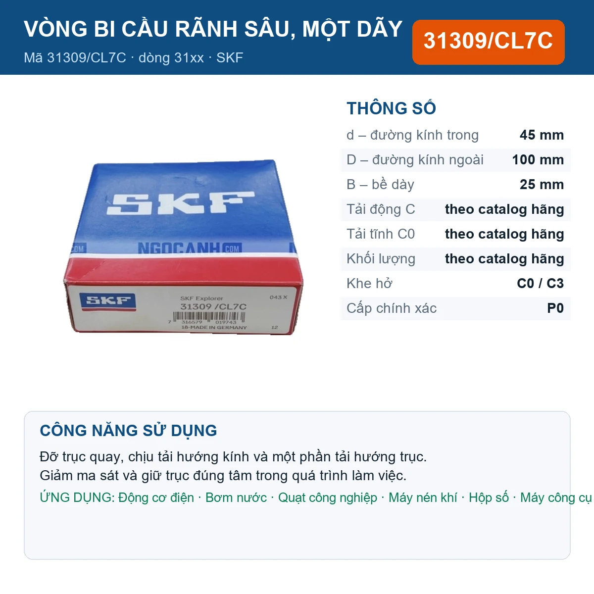 Vòng bi SKF 31309/CL7C — kích thước 45x100x25mm