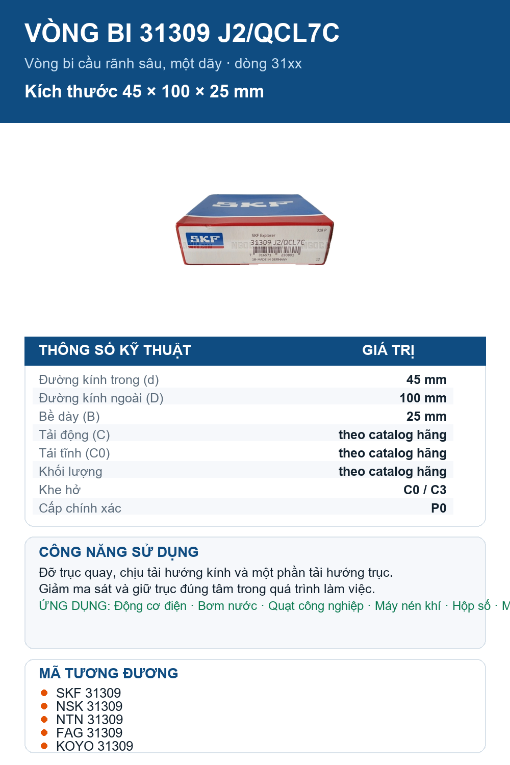 Vòng bi SKF 31309 J2/QCL7C 45x100x25mm — Ảnh thông số (Pinterest)