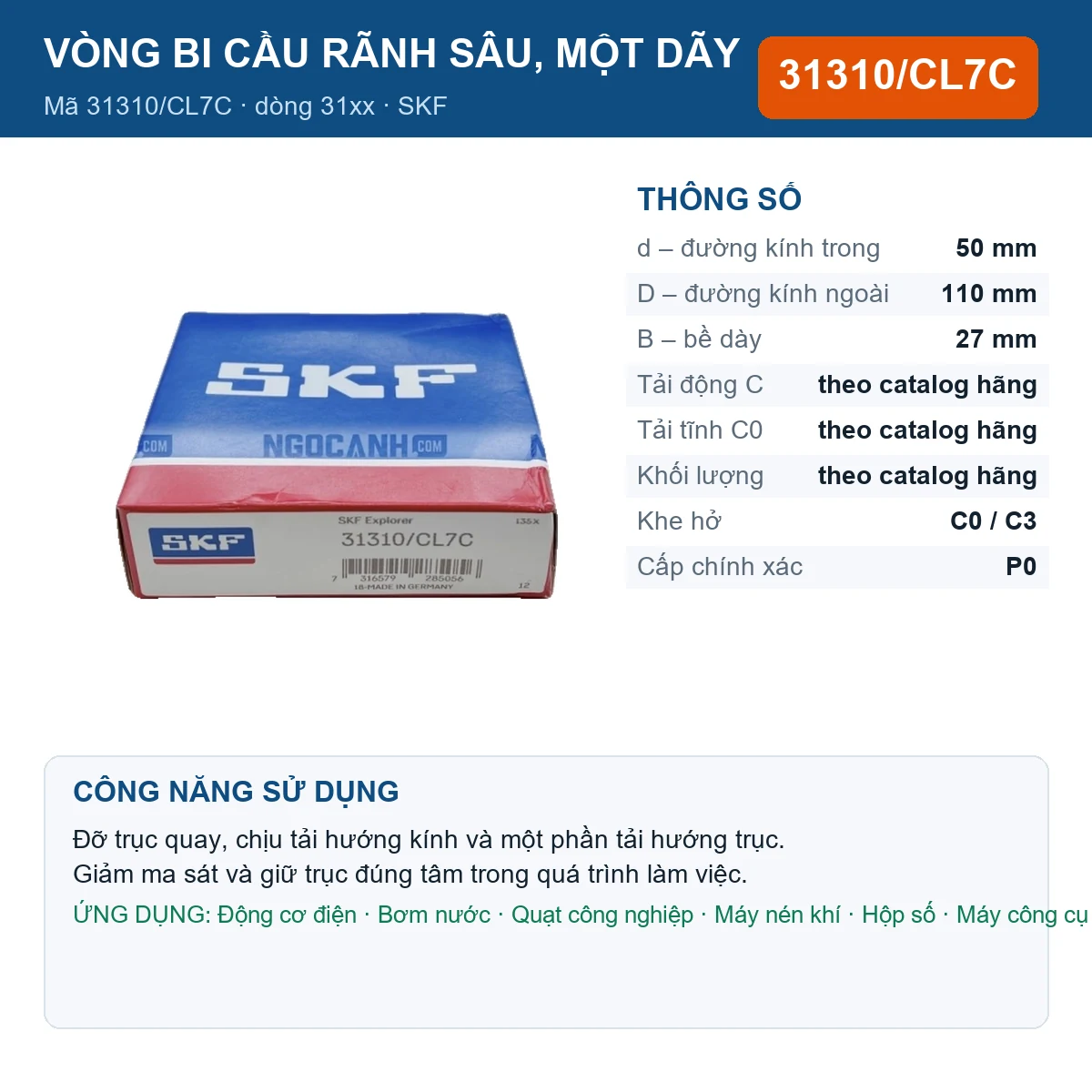 Vòng bi SKF 31310/CL7C — kích thước 50x110x27mm