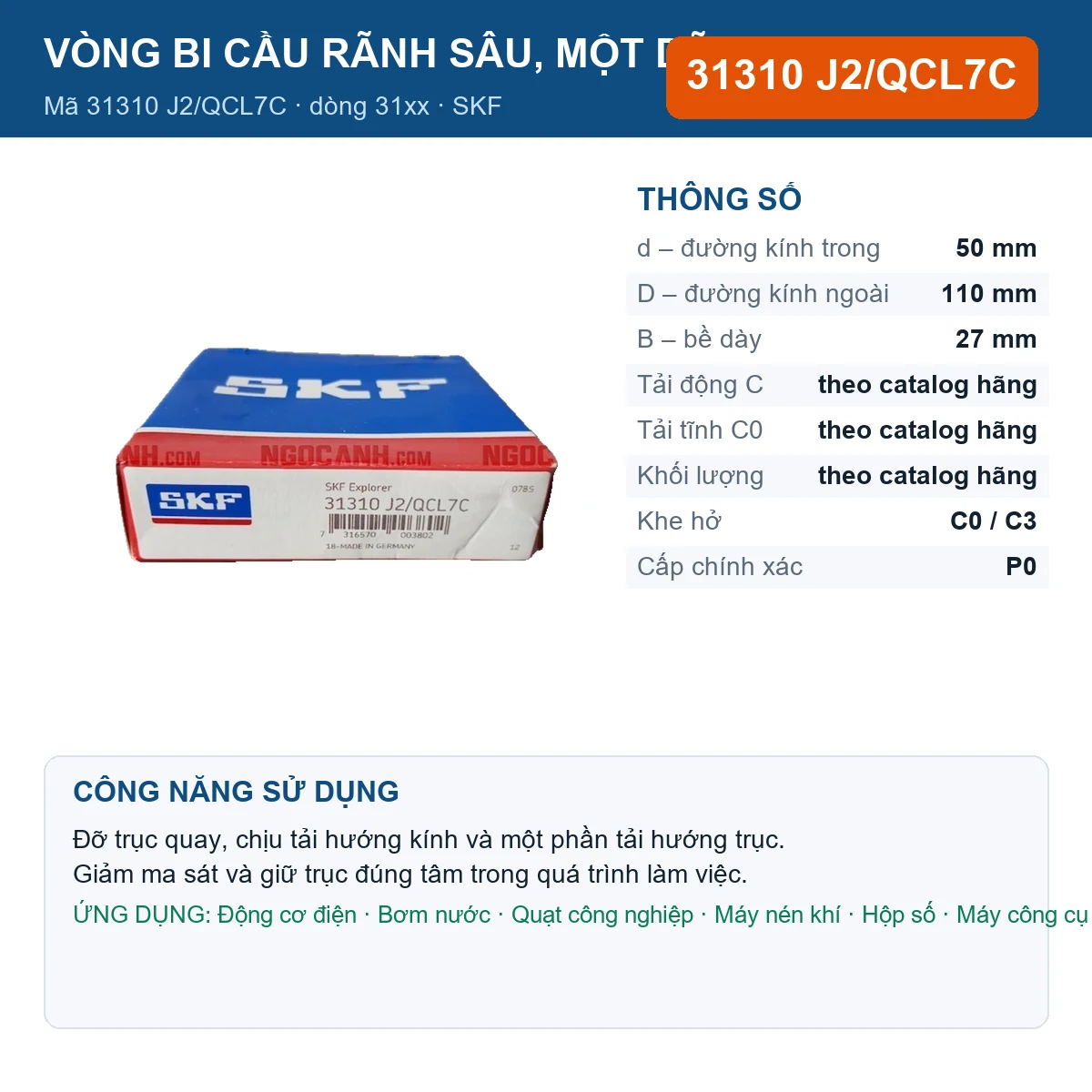 Vòng bi SKF 31310 J2/QCL7C — kích thước 50x110x27mm