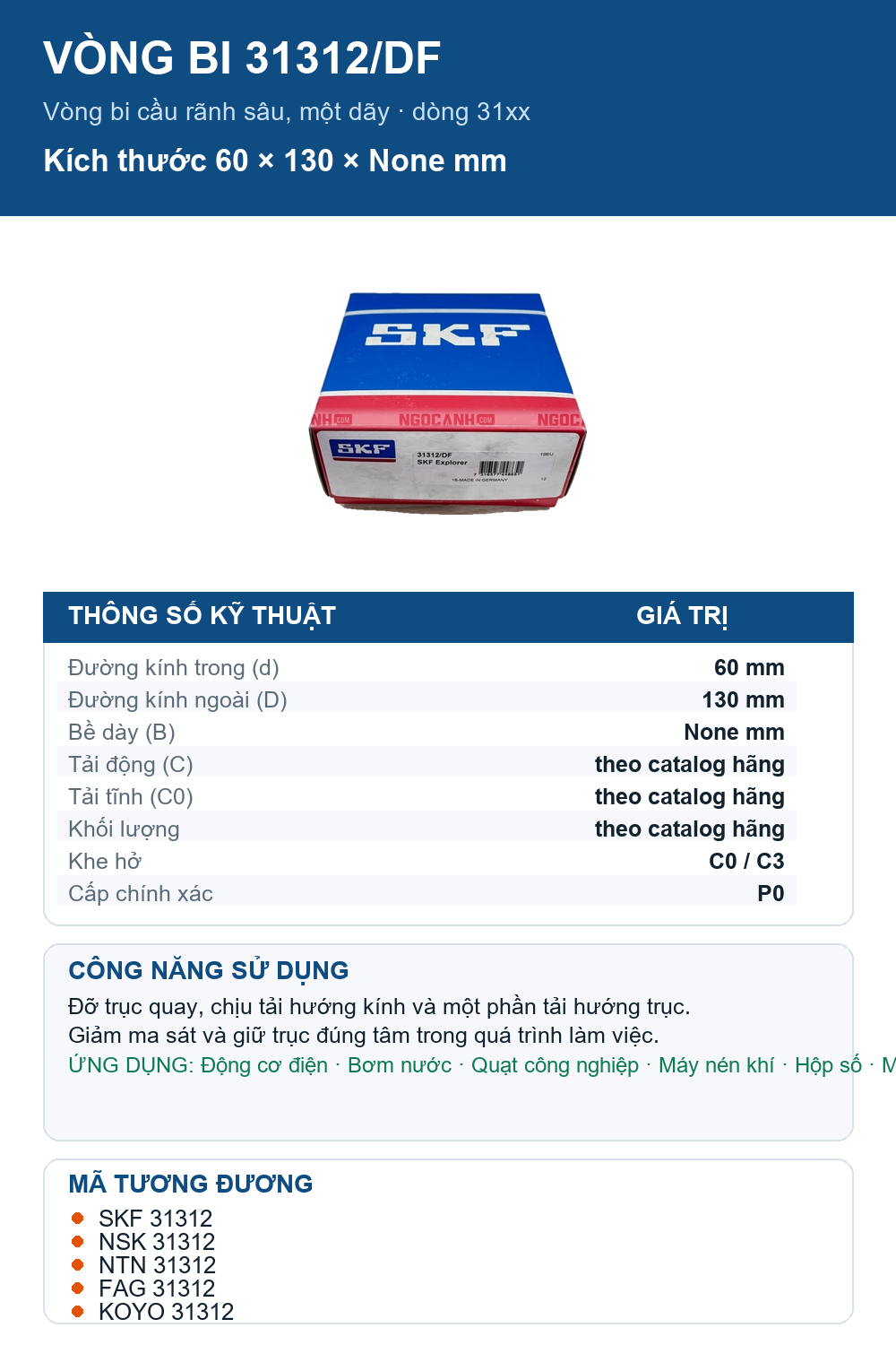 Vòng bi SKF 31312/DF 60x130mm — Ảnh thông số (Pinterest)