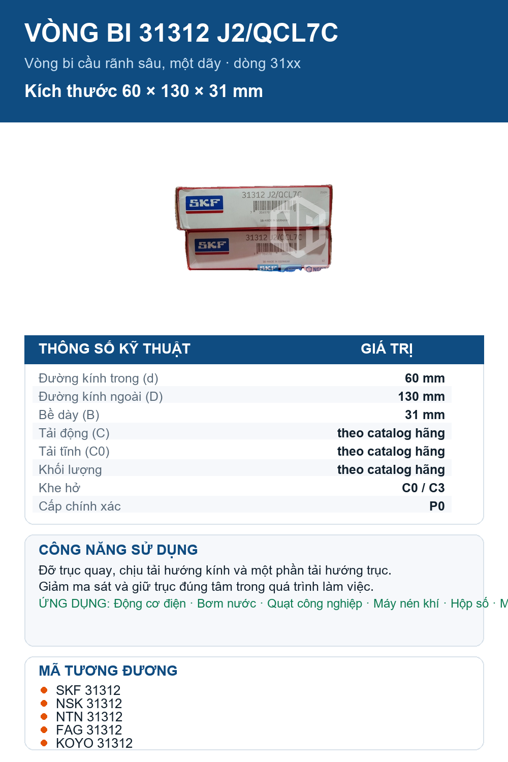 Vòng bi SKF 31312 J2/QCL7C 60x130x31mm — Ảnh thông số (Pinterest)