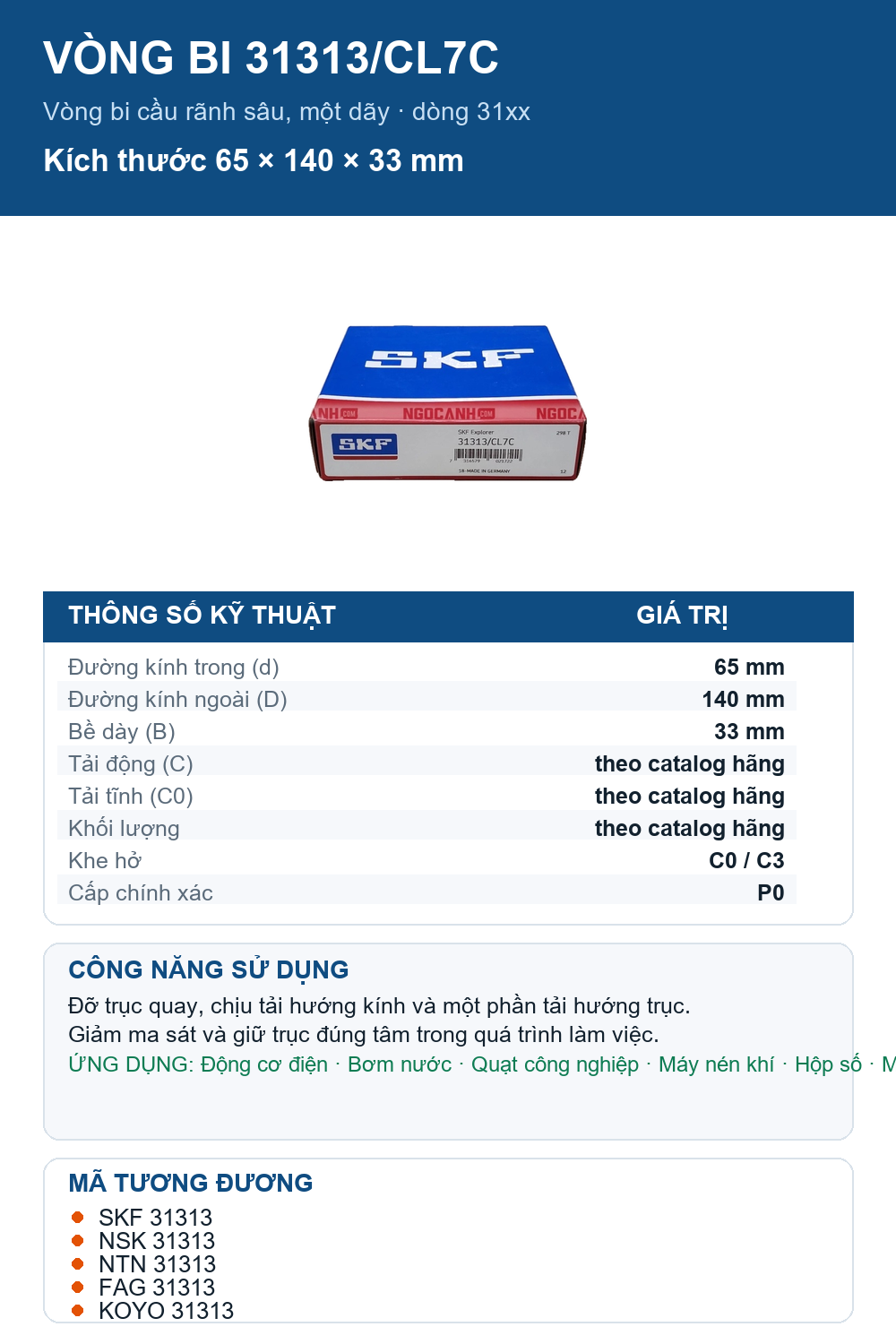 Vòng bi SKF 31313/CL7C 65x140x33mm — Ảnh thông số (Pinterest)