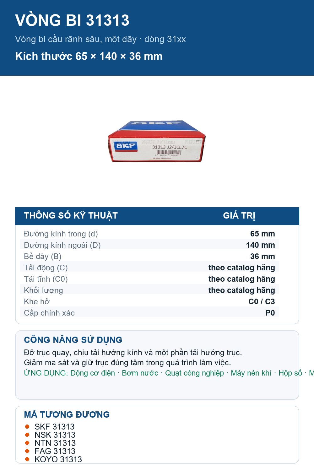 Vòng bi SKF 31313 65x140x36mm — Ảnh thông số (Pinterest)