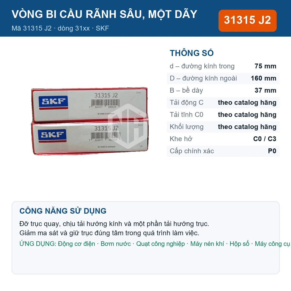Vòng bi SKF 31315 J2 — kích thước 75x160x37mm