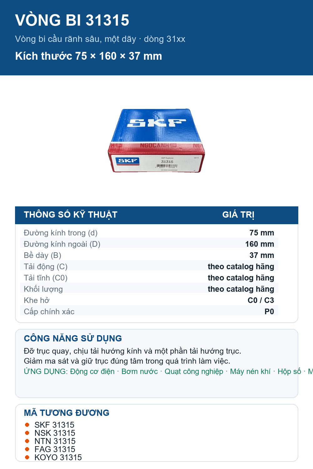Vòng bi SKF 31315 75x160x37mm — Ảnh thông số (Pinterest)