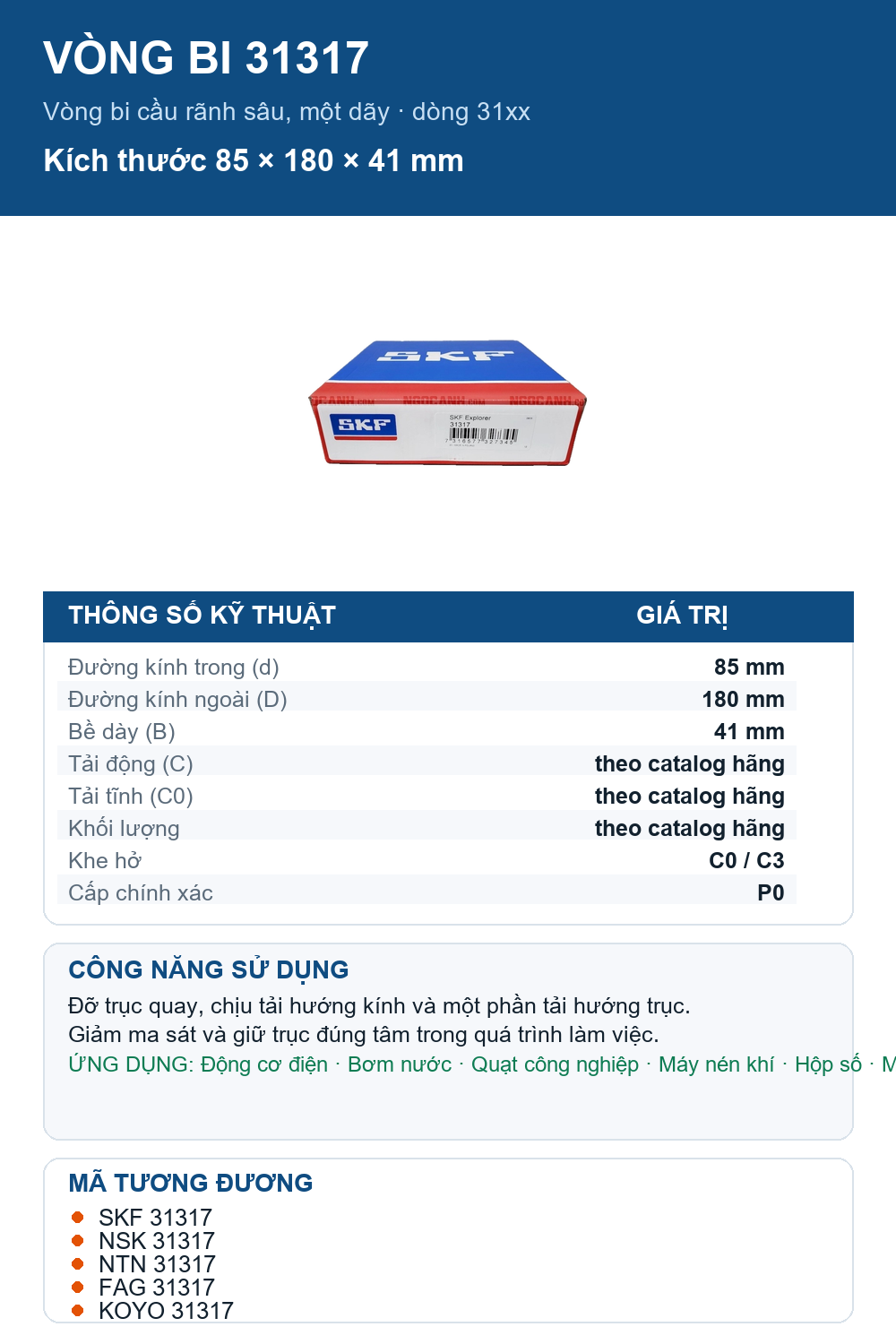 Vòng bi SKF 31317 85x180x41mm — Ảnh thông số (Pinterest)