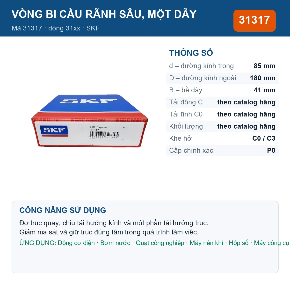 Vòng bi SKF 31317 — kích thước 85x180x41mm