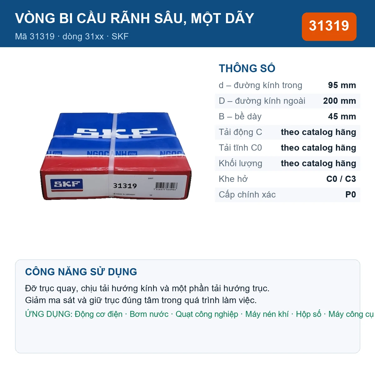 Vòng bi SKF 31319 — kích thước 95x200x45mm