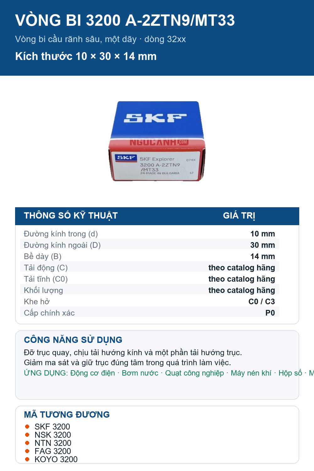 Vòng bi SKF 3200 A-2ZTN9/MT33 10x30x14mm — Ảnh thông số (Pinterest)