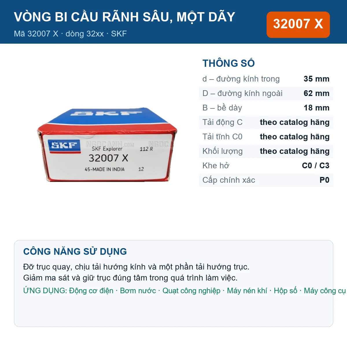 Vòng bi SKF 32007 X — kích thước 35x62x18mm