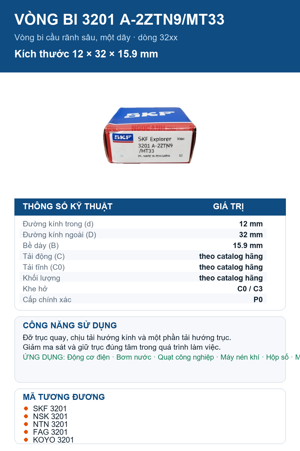 Vòng bi SKF 3201 A-2ZTN9/MT33 12x32x15.9mm — Ảnh thông số (Pinterest)