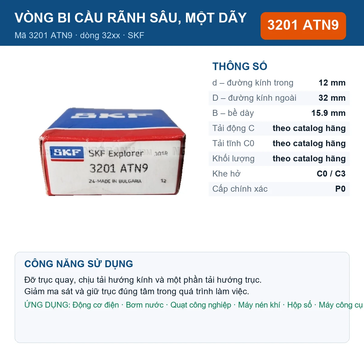 Vòng bi SKF 3201 ATN9 — kích thước 12x32x15.9mm